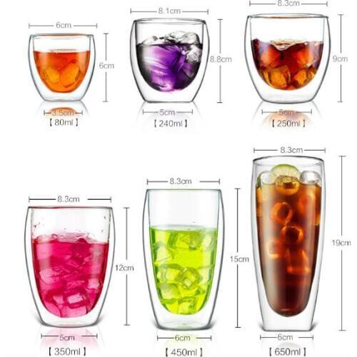 2pcs/lot 80ml,250ml,350ml,450ml 650ml Heat Resistant Glass Coffee Tea Cups Double Layer Exquisite Cup Glass Cup JN 1014