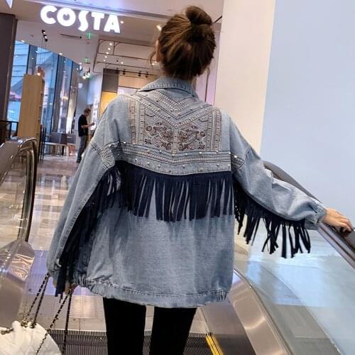 2021 NEW Oversize Denim Jacket Rivet Embroidered Denim Jacket Women Tassel Patch Plus Size Blue Jean Jacket Female Denim Jacket