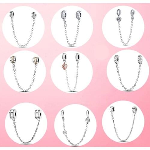 Silver Safety Chain 925 Sterling Silver Band of Hearts Safety Chain Charm Beads fit Original Pandora Bracelet DIY 925 Jewelry