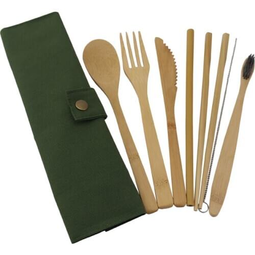 8Pcs Portable Dinnerware Set Japanese Bamboo Cutlery Fork Knife Spoon chopsticks Travel Teaspoon Spoon Straw Kitchen Tableware