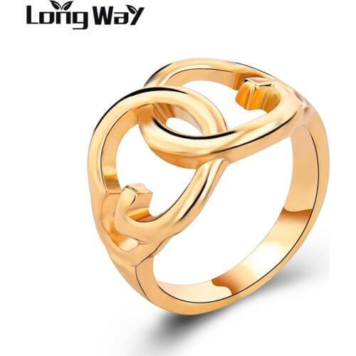 LongWay Exaggerated Design Gold Color Ring Double Round Shape Nickel Free Metal Ring For Women Fashion Wedding Jewelry SRI150004