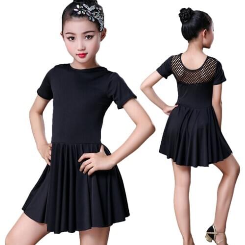 Kids Girls Short Sleeve Latin Dance Dress Stretchy Dance Outfits Black Cotton Salsa Tango Dancing Dress Practice Costume