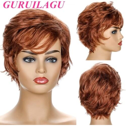 GURUILAGU Short Wigs For Women Pixie Cut Wig With Bangs Brown Blue Synthetic Wig Daily Party Cosplay Natural Wigs Women
