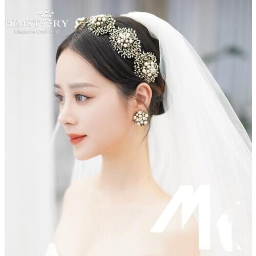 HIMSTORY Retro Golden Rhinestones Headwear Wedding Prom Hair Accessories Pearl Flower Baroque Queen Crown Tiara Jewelries