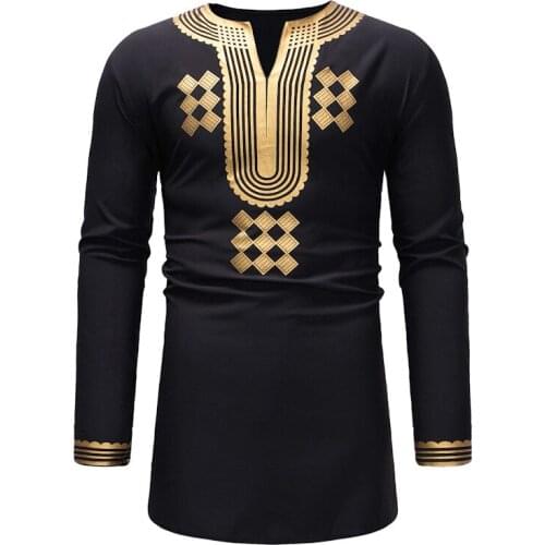 Classic V Neck Longline T Shirt Men 2021 Fashion African Dashiki Print T-shirt Men Hip Hop Streetwear Tops Tees African Clothes