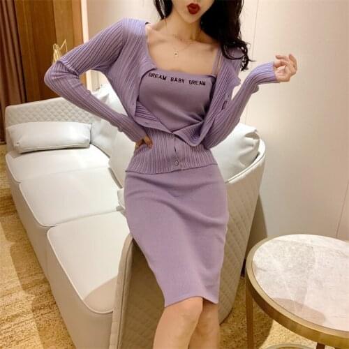 Women Sexy Dress Sets Female 2020 Spring Autumn Spaghetti Straps Knitted Pencil Mini Dress&Thin Cardigan Suits Two Pieces Sets