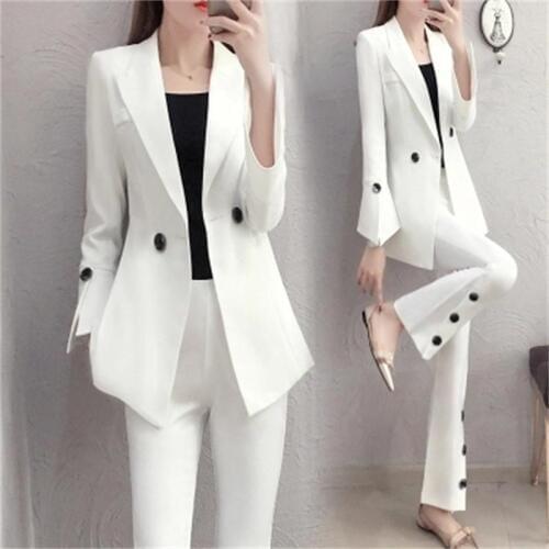 NEW Spring fashion Slim white suit suit female temperament ladies small wind horn pants two sets Professional suit female
