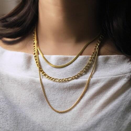 Layered Gold Color Necklaces For Girls Women Snake Figaro Box Stainless Steel Chain Necklace Adjustable Jewelry Gifts DDN300