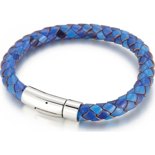 Handmade Jewelry Mens Stainless Steel Clasp Brown Blue Color 8mm Leather Cord Braided Bracelet 215mm