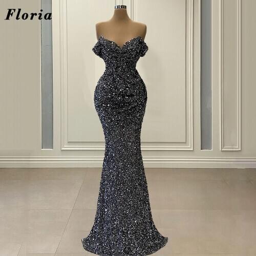 Formal Mermaid Evening Gowns With Strapless Sequins Party Dress 2021 Dubai Arabic Prom Dresses Pleats Plus Size Party Night Gown