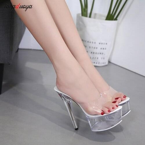 Platform heels Women Sandal Female Model T Station Catwalk Sexy Crystal Transparent Shoes High Heels Waterproof Head Sandals