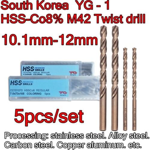 Made in Korea YG-1 D2101 10.1-12mm 5pcs/set HSS-C08% M42 Twist drill Processing: stainless steel. Alloy steel. Aluminum etc
