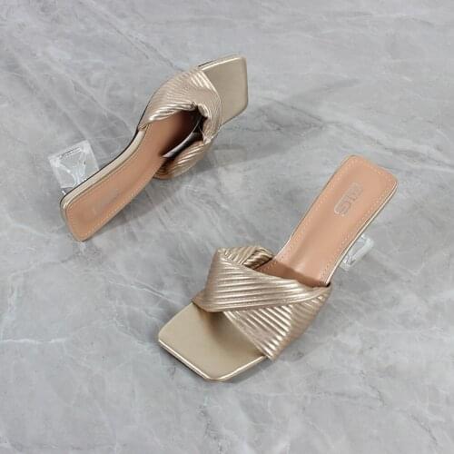 Womens Slippers Fashion High-Heeled 2021 Summer New Soft Surface PU Pleated Comfortable Sandals Outside Womens Shoes 7.5CM