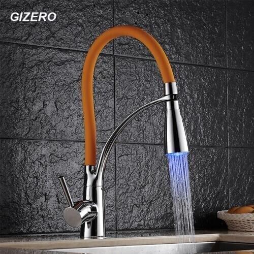 LED Faucet Pull Out Mixer 3 Colors Change Flexible Swivel Water Faucet Deck Mounted Single Handle Chrome Brass Finish ZR672