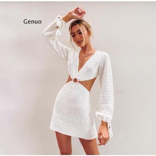 Knit Stripe Long Sleeve Dress Beach Backless Summer Hollow Out Women V Neck Sexy Party Mini Dresses Casual White