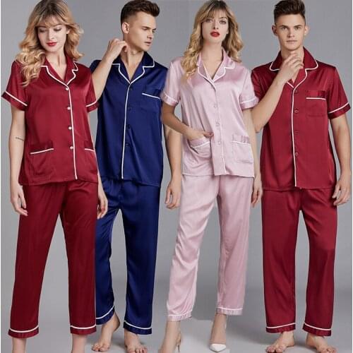Womens Silk Satin Pajamas Pyjamas Set Sleepwear Pijama Couple Pajamas Suit Female Sleep Two Piece Set Men Loungewear Plus Size