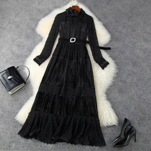 European and American womens wear 2020 winter new style Long - sleeved lapel belt Fashionable lace patchwork velvet dress