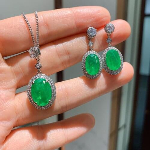 QTT Natural Emerald Tourmaline Gemstone Necklace Dangle Earrings Sets 925 Silver Oval Jewelry Set For Ladies Girl Wedding Gift