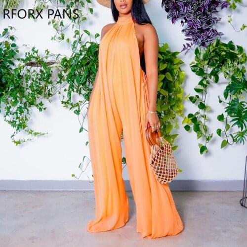Women Chic Solid Halter Sleeveless and Backless Wide Leg Sexy Maxi Jumpsuit