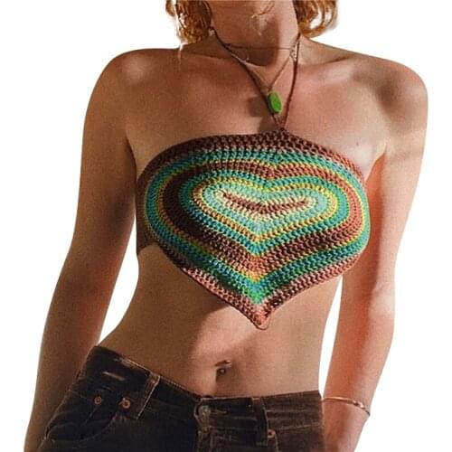 Xingqing Womens Halter Crop Cami Tops Y2K Bohemain Style Sleeveless Backless Heart Print Hanky Hem Crochet Camisole E-Girl Top