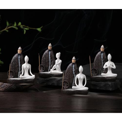 1Pc Burner+50Pc Cones Ceramic Yoga Girl Censer Backflow Incense Cones Burner Towel Incense Stick Holder Use in Office Teahouse