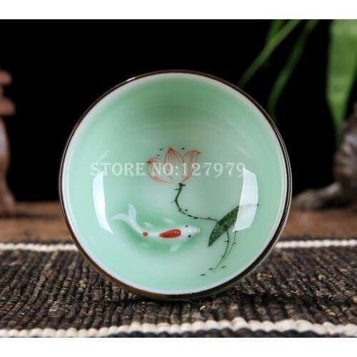 Ceramic arts and crafts teacup Longquan celadon high-grade tea cup hand-painted lotus teacups teaset 4 pattern /set