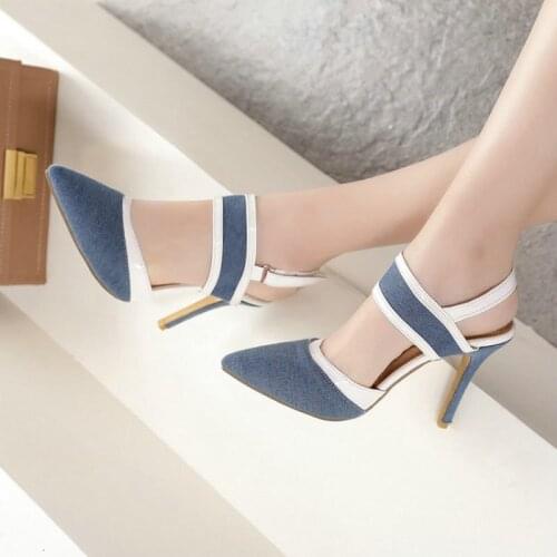 ZawsThia Denim Jeans Sexy Women Heels 10cm Office Dress Pumps Patchwork Stripe Pattern Lady Slingback Sandals Big Size 33-47 12