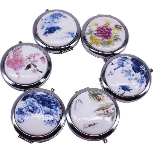 Makeup Mirror White and Blue Porcelain Pocket Mirrors Compact Folded Portable Mini Round Hand Mirror Makeup Vanity Make Up Tools
