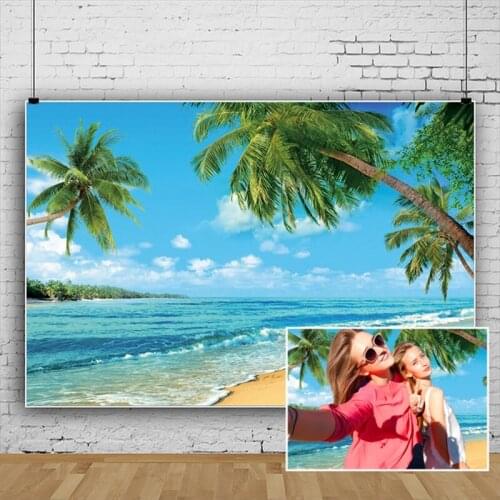 Laeacco Resort Holidays Trip Tropical Palm Tree Sea Beach Blue Sky Coast Natural View Photo Background Photographic Backdrops