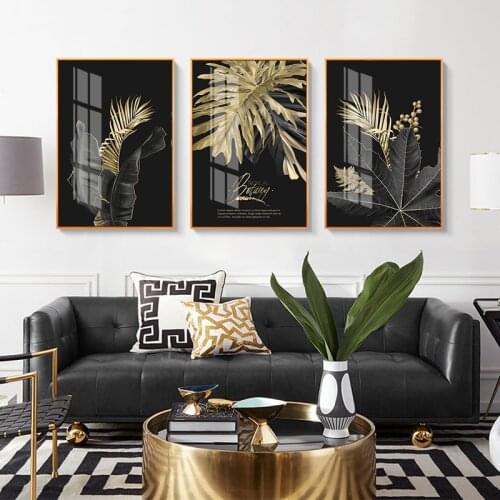 Black and Golden Plant Leaf Canvas Painting Modern Abstract Poster and Print Palm Leaf Wall Picture for Living Room Home Deco