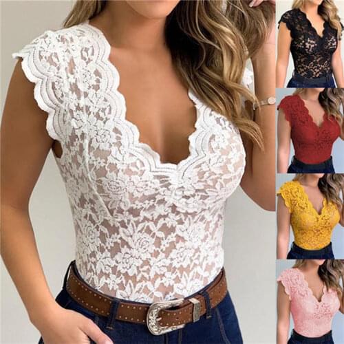 New Women Slim Tunic Lace V Neck T-shirt 2020 Sexy Elegant Summer Short Sleeve T Shirt Lace Flower Plus Size Tops T-shirts