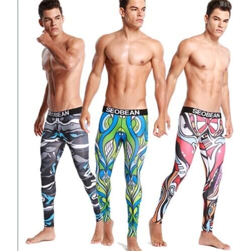 New Seobean mens long johns warm tight low-waist themal fashion decorative pattern legging 3 colors