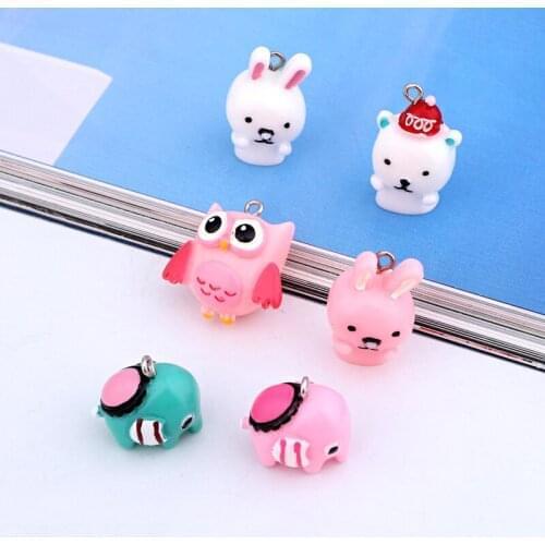 6pcs Cute Simulation Rabbit Owl Elephant Resin Earring Charms Kawaii Craft Girl Hair Rope Bracelet Necklace Pendant Jewelry Make
