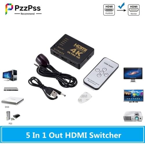 PzzPss 4K HDMI Switch 5 In 1 Out 3D 1080p 4k Selector Splitter Hub with IR Remote Controller for HDTV DVD BOX HDMI Switcher