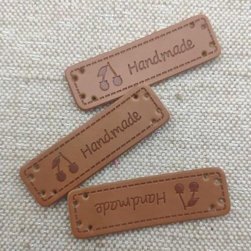 Cherry Logo Handmade Labels For Backpack Natural Style Clothing Sewing Hand Made Tags For Gift Handmade Pu Leather Clothes Label