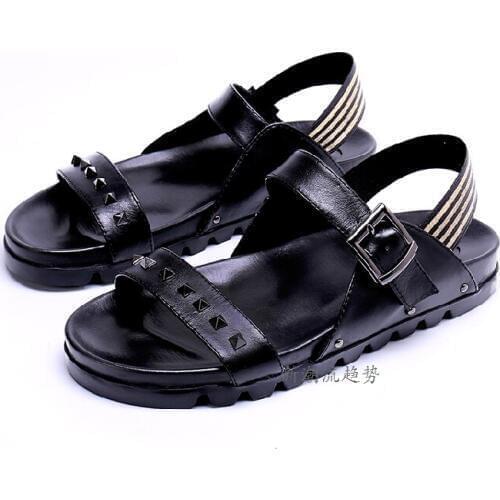 Mens summer casual sandals black white genuine cow leather open toe rivets shoes seaside vacation beach shoes