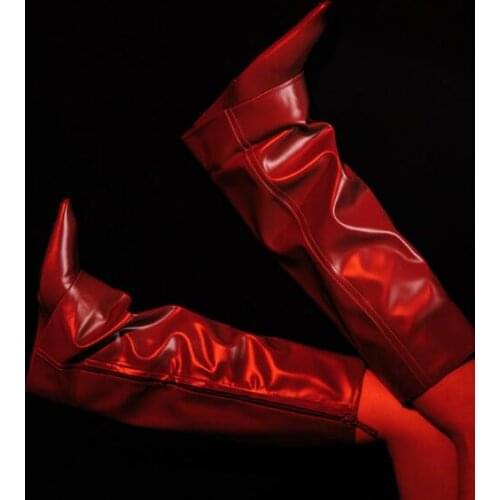 Drop Shipping Black Green Brick Red Patent Leather 6 cm Wedge Knee High Boots Woman Pointed Toe Fashion Tube Long Pants Boots