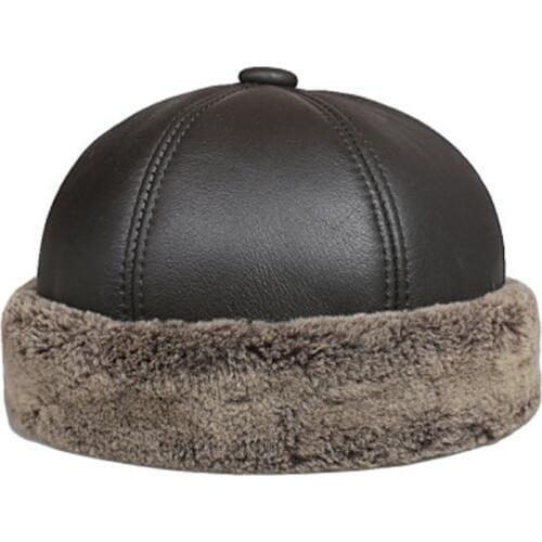 Winter 100% Fur Hat Male Women Genuine Leather Melon Caps Men Thicked Warm Round Boonie Hat Red/Yellow Real Fur One Suede Bonnet