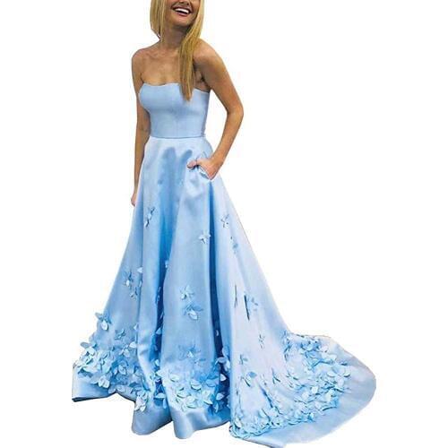 Light Blue Long Satin Strapless Prom Dresses with Pockets 3D Flower Formal Evening Party Ball Gown Robe De Soiree