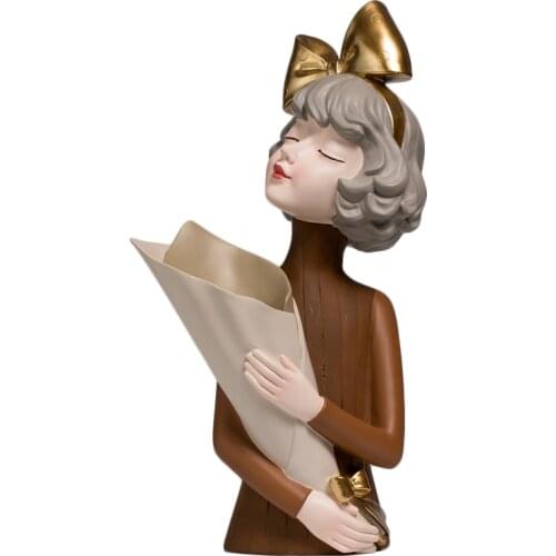 Bowknot Modern Girls Sculpture Decoration Resin Vase+Fake Flower Accessories Home Livingroom Table Flower Pot Figurines Crafts