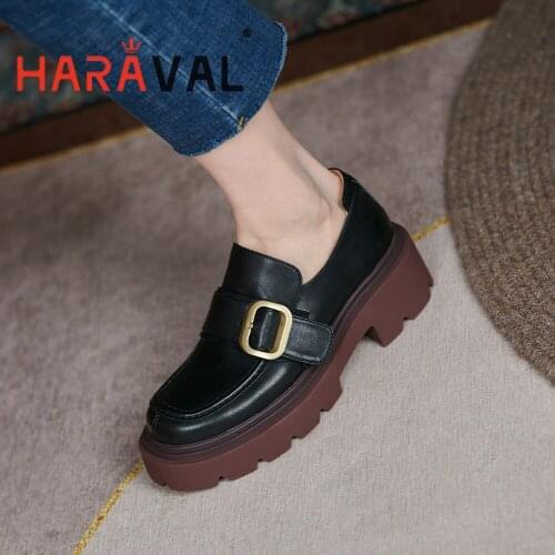 HARAVAL Women Pumps Shoes Genuine Leather Solid Classics Casual Shoes Black Brown Summer Slip-On Platform Shoes Women B345