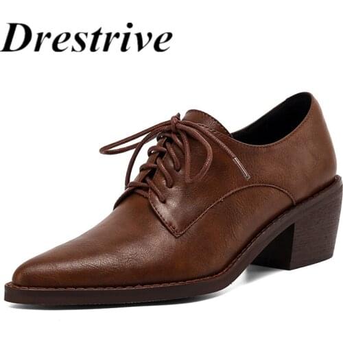 Drestrive Waxing Women Pumps Neutral Pointed Toe Lace Up Cow Leather Black 2021 Office Thick Heels Big Size 43