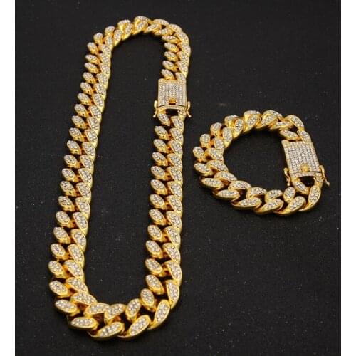 Hip Hop jewelry Necklaces Iced Out Big Heavy Crystal Rhinestone Miami Cuban Chain Gold Zircon Bracelet Set Gift for Mens Women