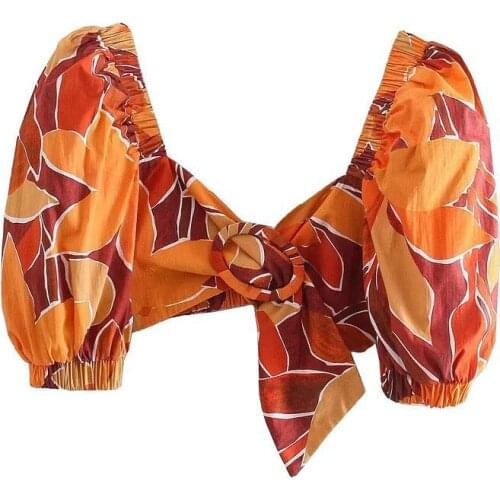 Women Fashion With Buckle Printed Cropped Blouses Vintage Puff Sleeve Elastic Trims Female Shirts Chic Tops 2021