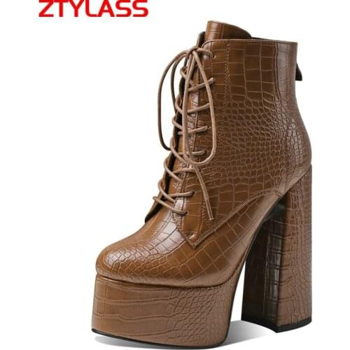 2021 Autumn Winter Punk Style Ankle Boots Women Zipper Square High Heel Platform Shoes Fashion Cross Tied Crocodile Print Boots