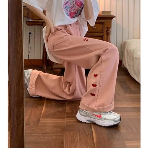 Womens Jeans 2021 New Pink Fashion Embroidery Streetwear High Waist Wide Leg Pants Y2k Baggy Harajuku Straight Denim Trouser