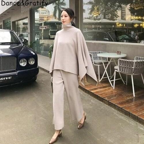 2021 Winter Autumn Knitted Suit 2 Piece Turtleneck Cloak Loose Tops And Ankle-length Pants Woman Woolen Blends Sweater Set