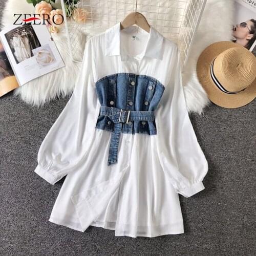 2021 Summer Women Chic Denim Patchwork Mini Shirt Dresses Womens White Party Dress Female Streetwear Casual Vestido Feminino