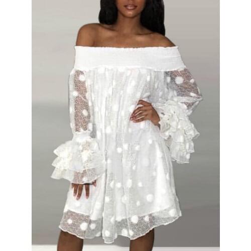 Women White Dress Off Shoulder Lace Tulle Sleeve See Through Loose Big Polka Dot Holiday Beachwear Vacation Backless Summer Wear