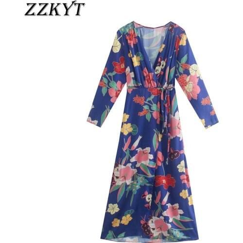 ZZKYT 2021 Women Spring Vintage Floral Print Bow Tie Sashes Midi Dress Fashion V-Neck Long Sleeve Female Casual Dresses Vestidos